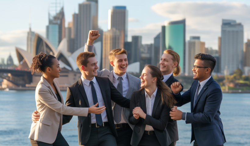 Diverse team of professionals celebrating success with Sydney Harbour in the background.