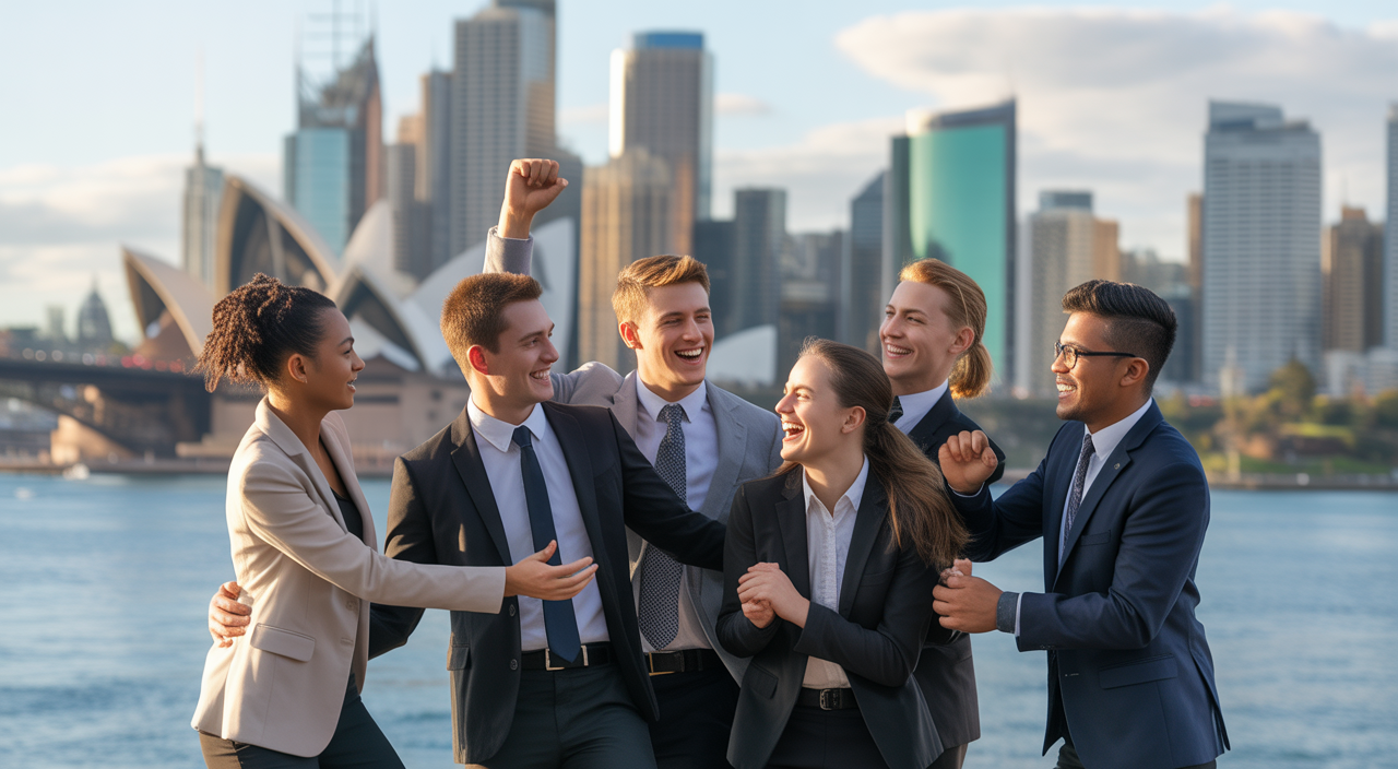 Diverse team of professionals celebrating success with Sydney Harbour in the background.
