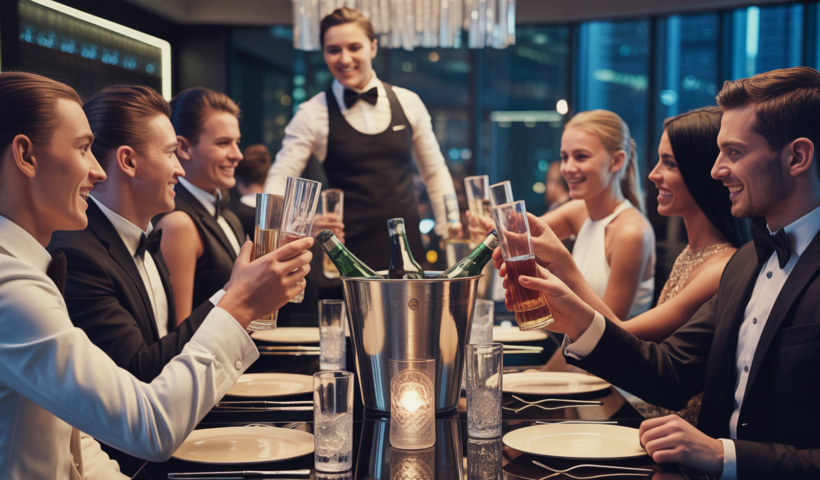 A group of well-dressed people enjoying premium bottle service with a dedicated server at a high-end nightclub in Dubai's DIFC, showcasing luxury and exclusivity.