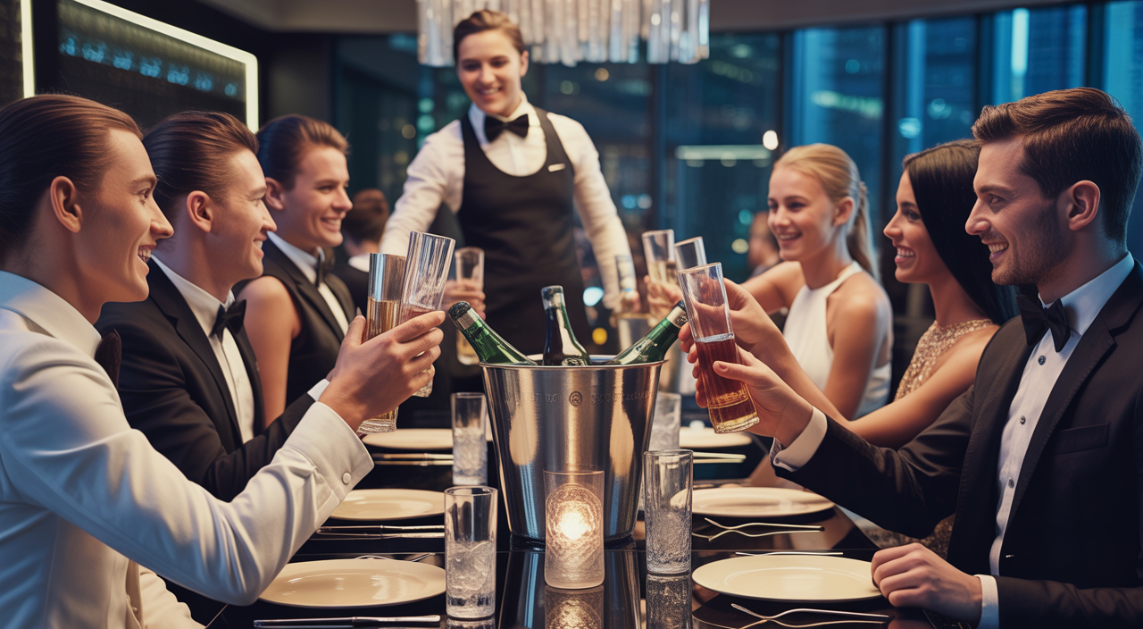 A group of well-dressed people enjoying premium bottle service with a dedicated server at a high-end nightclub in Dubai's DIFC, showcasing luxury and exclusivity.
