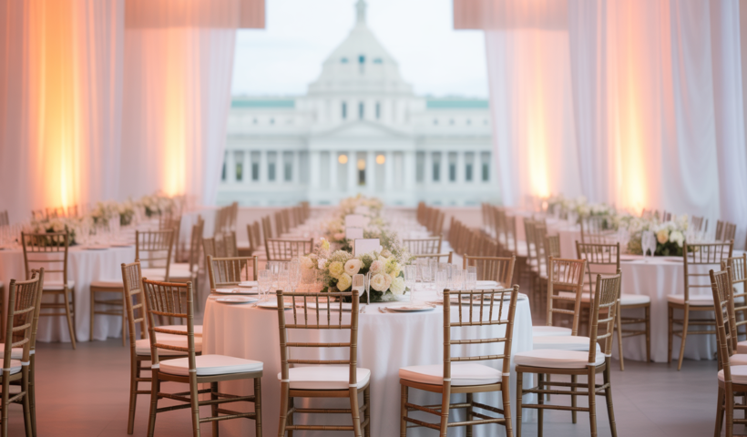 Elegant event setup in Washington DC with party rentals, tables, chairs, and lighting