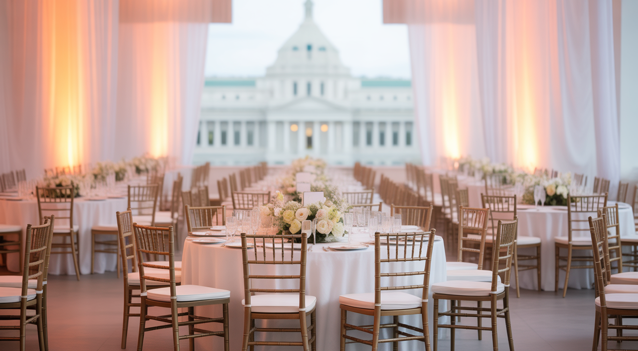 Elegant event setup in Washington DC with party rentals, tables, chairs, and lighting