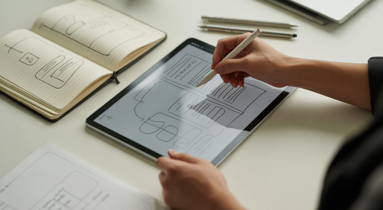 A professional graphic designer working on a laptop, illustrating the core of UX UI design services.
