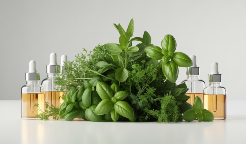 Vibrant green herbs and clear glass dropper bottles of herbal extracts on a white surface, symbolizing natural wellness and purity