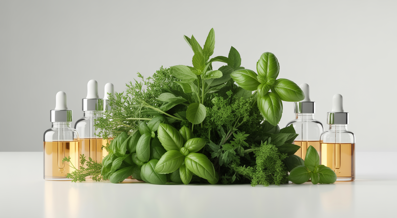 Vibrant green herbs and clear glass dropper bottles of herbal extracts on a white surface, symbolizing natural wellness and purity
