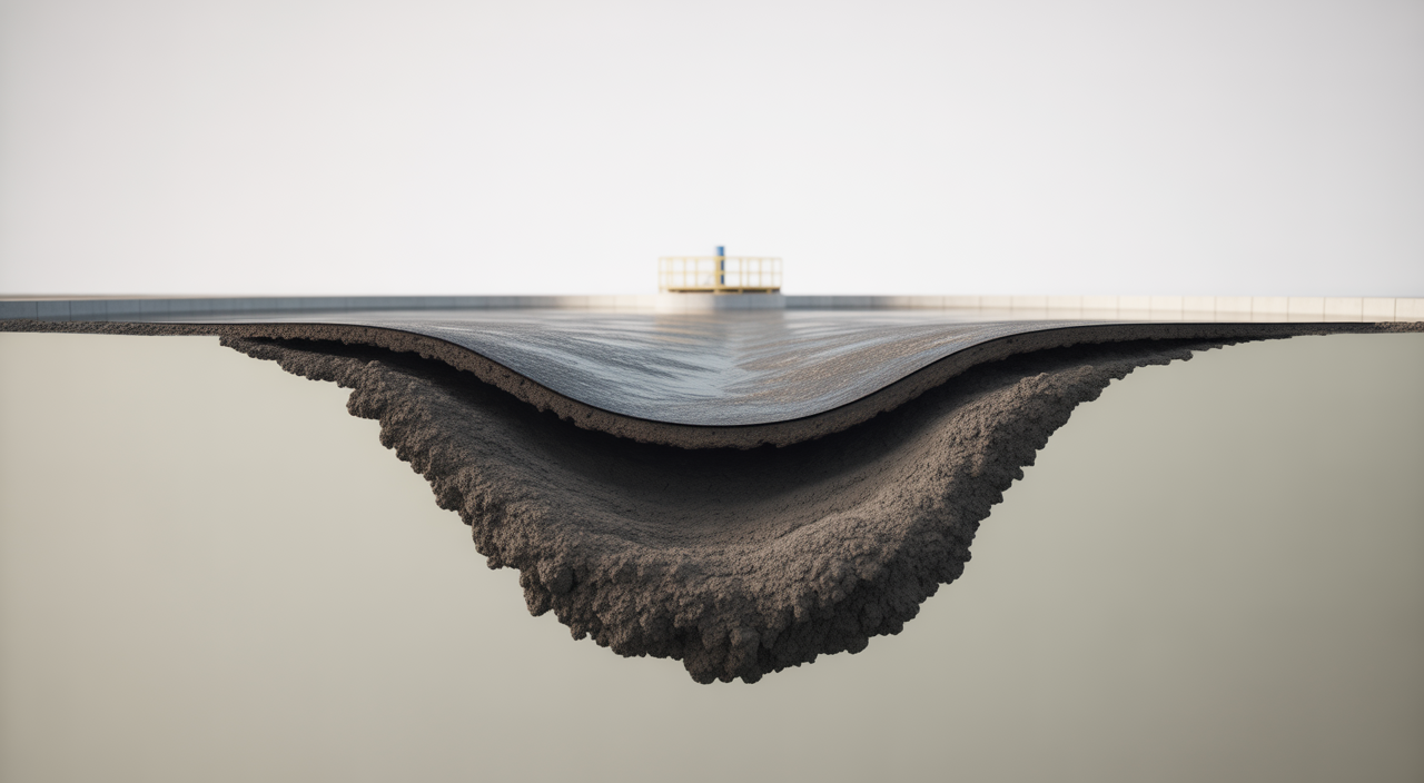 A specialized wastewater dredge actively removing accumulated sludge from a treatment lagoon.