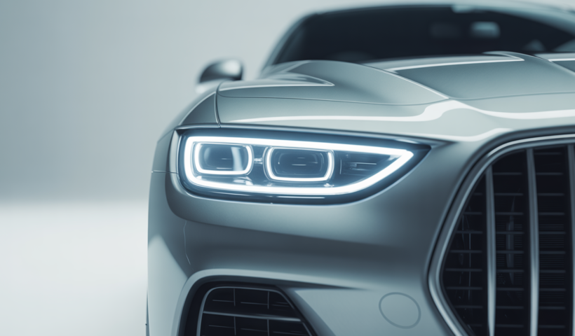 Front view of a modern luxury car with bright LED headlights on, highlighting advanced automotive lighting technology and sleek design.