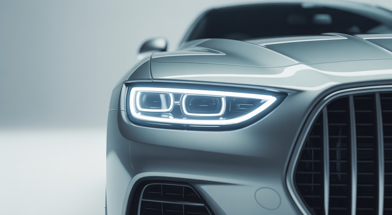 Front view of a modern luxury car with bright LED headlights on, highlighting advanced automotive lighting technology and sleek design.