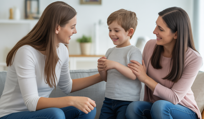 Child with autism receiving in-home ABA therapy in Iowa, interacting positively with a therapist in a bright home setting.