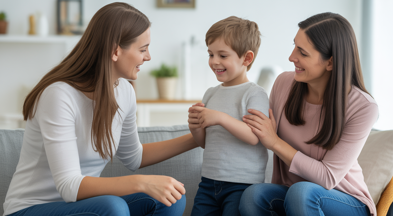 Child with autism receiving in-home ABA therapy in Iowa, interacting positively with a therapist in a bright home setting.