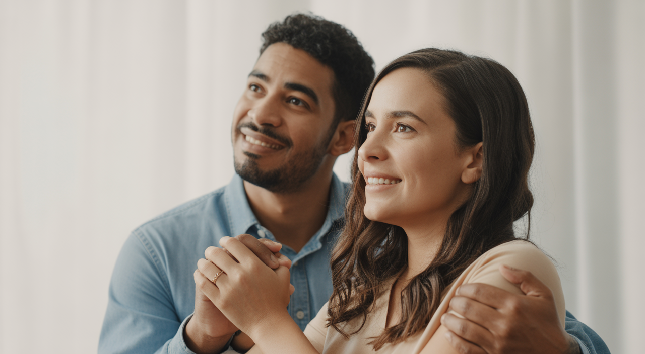 Diverse couple looking hopefully towards their future family after an egg donor matching consultation.