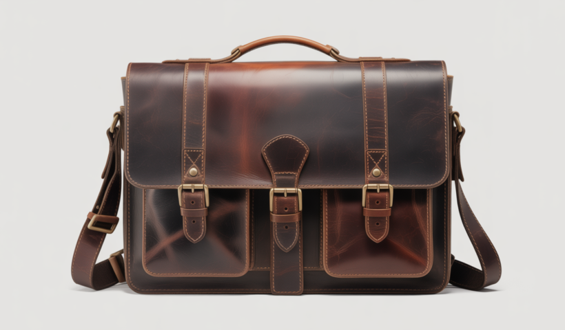 Men's vintage full-grain leather messenger bag with brass hardware on a clean white background, showcasing timeless style.