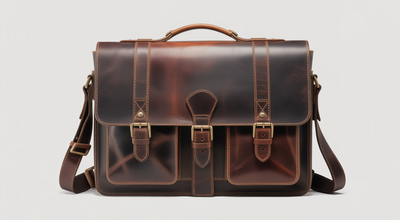 Men's vintage full-grain leather messenger bag with brass hardware on a clean white background, showcasing timeless style.