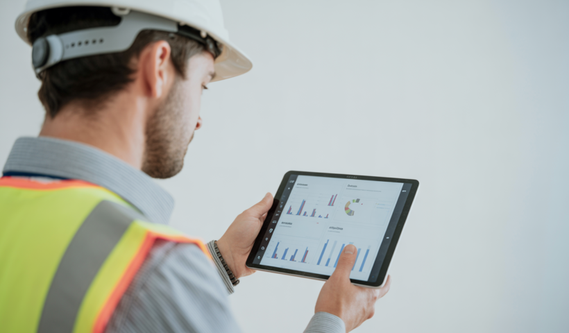 Construction manager reviewing risk assessment dashboard on a tablet, illustrating data-driven decision-making.