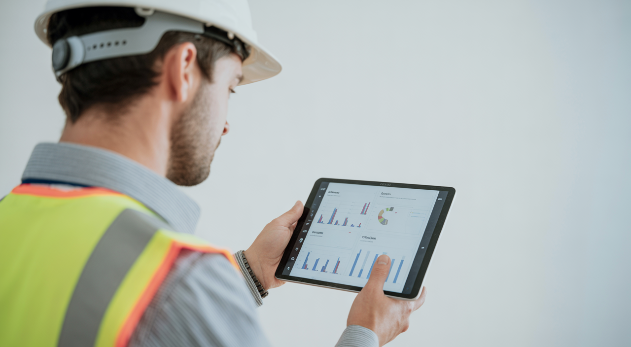 Construction manager reviewing risk assessment dashboard on a tablet, illustrating data-driven decision-making.