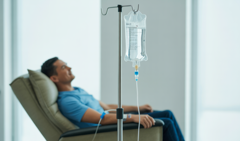 Person receiving IV therapy in a modern urgent care clinic, highlighting fast relief and wellness boost.