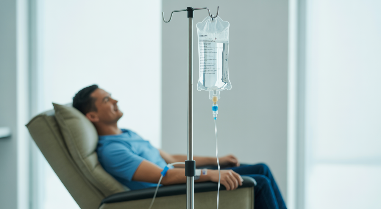 Person receiving IV therapy in a modern urgent care clinic, highlighting fast relief and wellness boost.