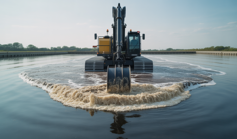A modern specialized wastewater dredge efficiently removing sludge from a large industrial treatment lagoon, symbolizing advanced wastewater management.