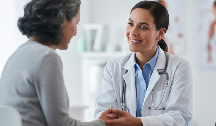 Doctor and patient discussing health in a clean, modern medical office, representing patient-centered primary care.
