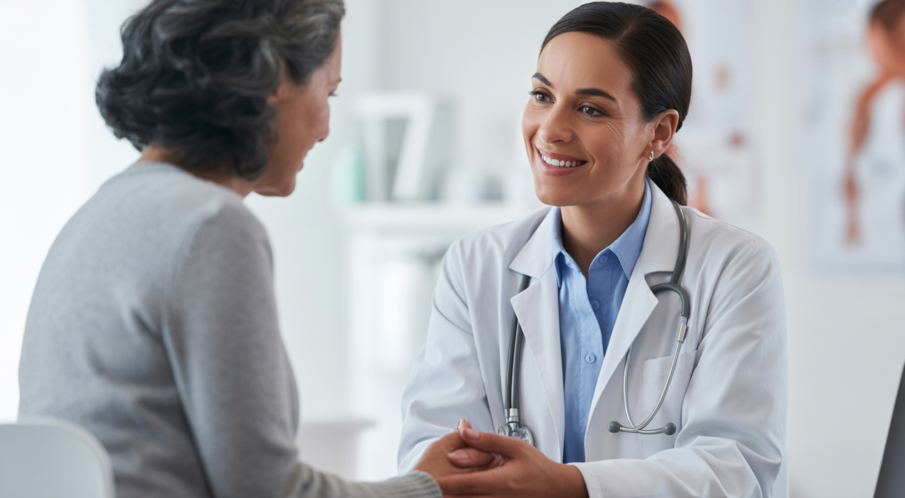 Doctor and patient discussing health in a clean, modern medical office, representing patient-centered primary care.