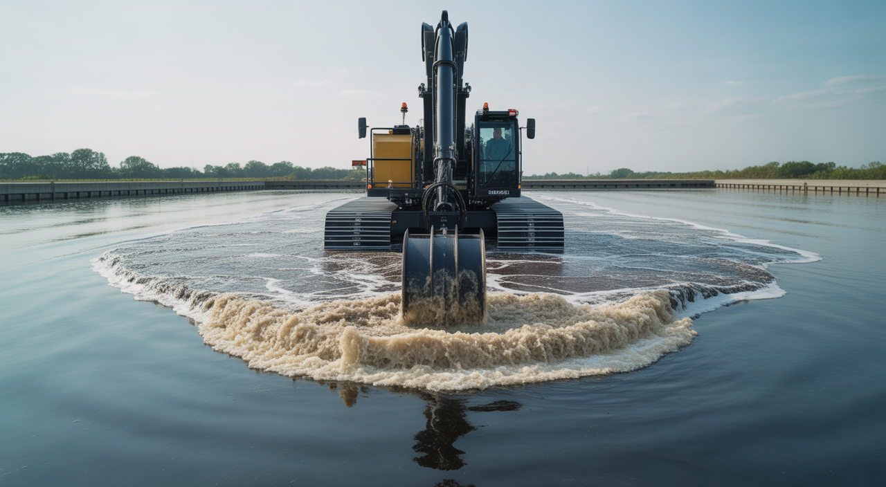 A modern specialized wastewater dredge efficiently removing sludge from a large industrial treatment lagoon, symbolizing advanced wastewater management.