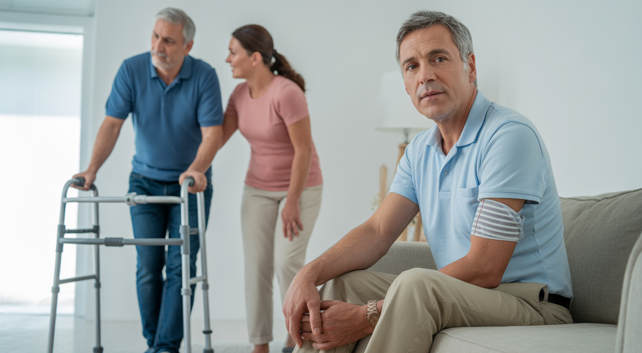 Middle-aged patient during hip replacement recovery with mobility aids and family support in a clean, modern setting