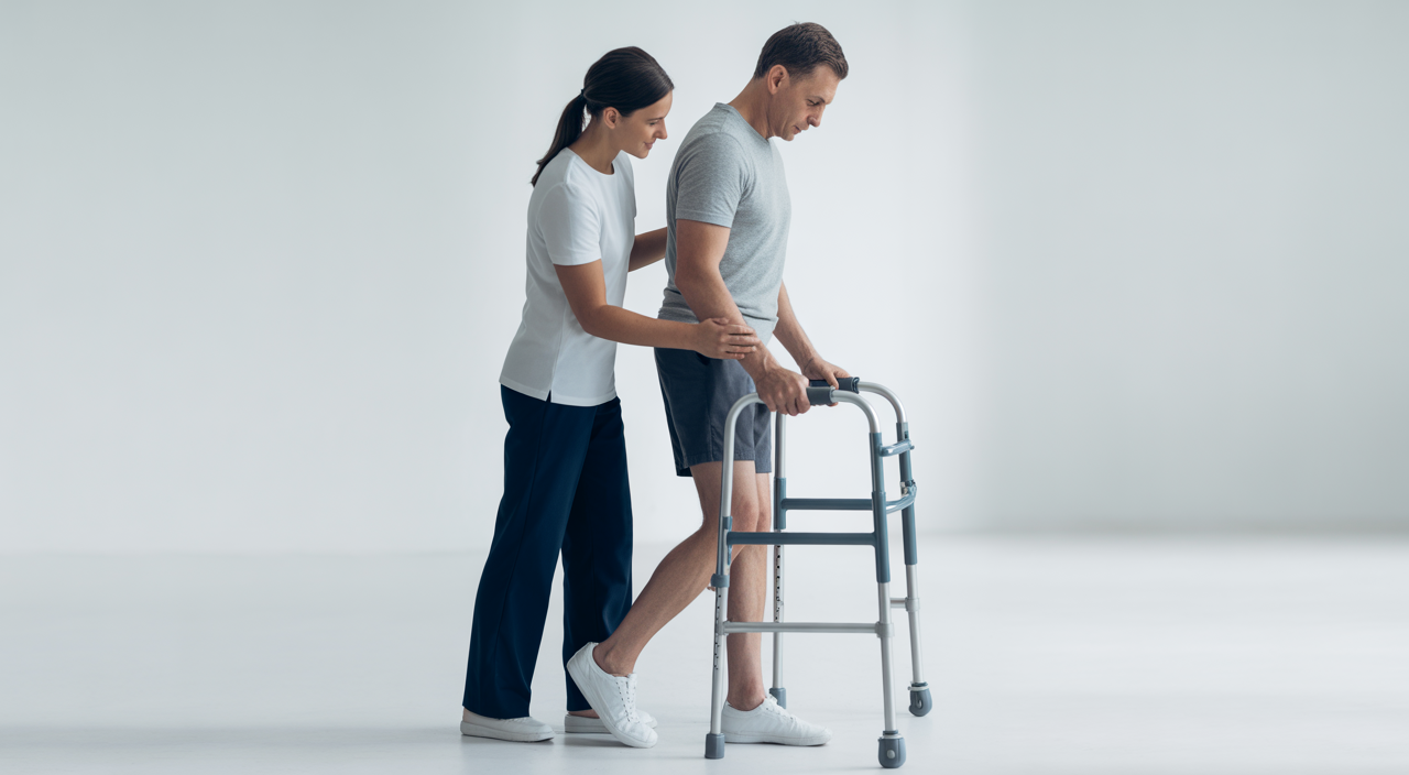 Patient using a walker during early hip replacement recovery