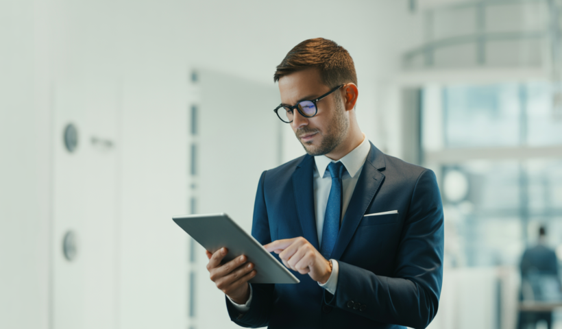 Business professional reviewing SaaS contracts on digital tablet in modern office with clean white background
