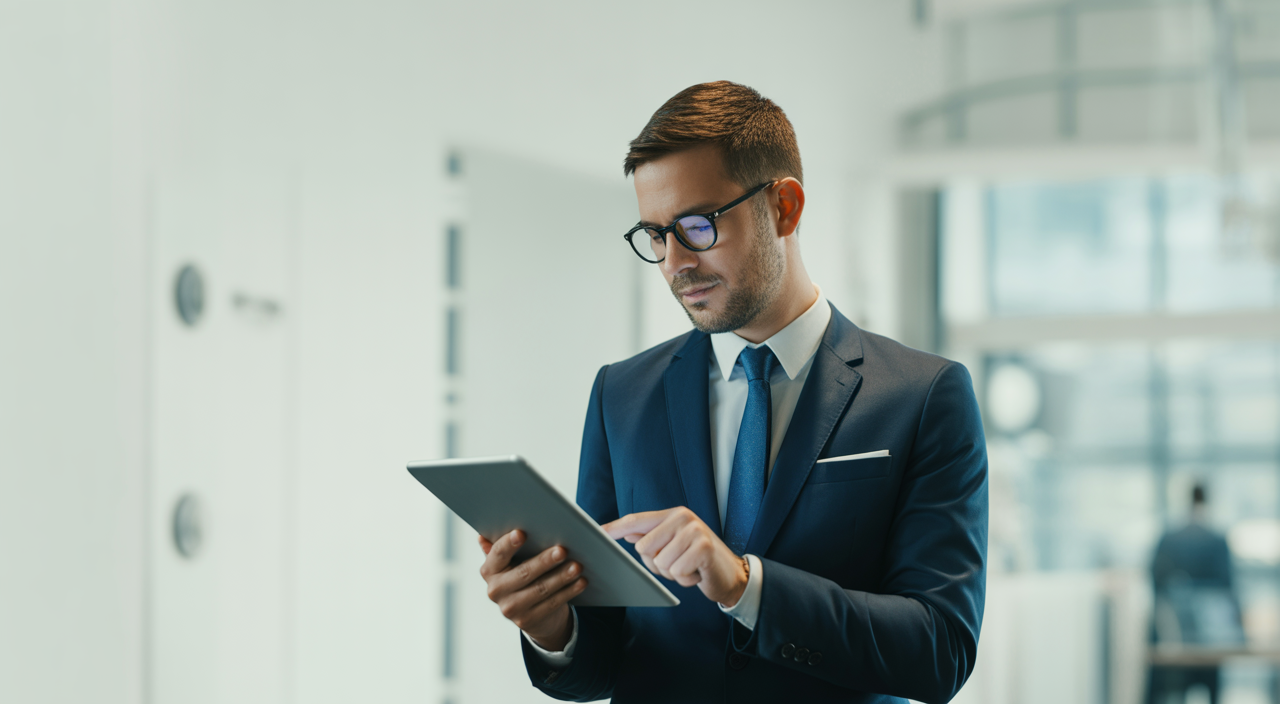 Business professional reviewing SaaS contracts on digital tablet in modern office with clean white background