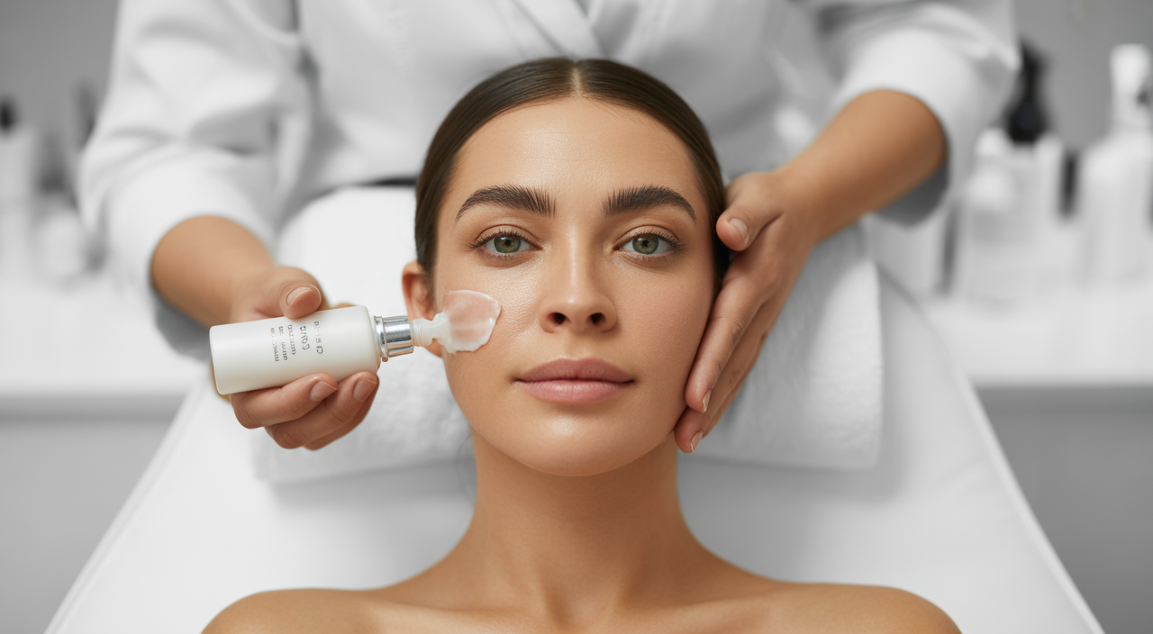 Photorealistic image of a woman receiving a custom facial treatment in a professional skincare clinic with white background