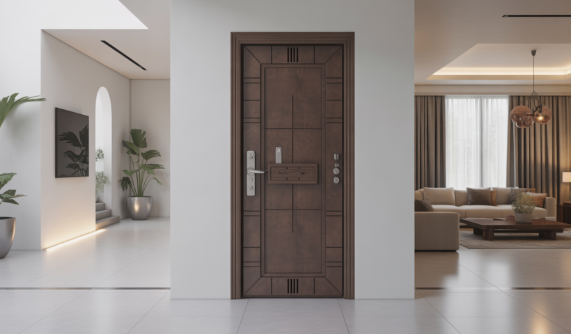 Photorealistic image of a modern Indian home interior featuring a high-quality armored safe room door as the centerpiece with clean neutral background.