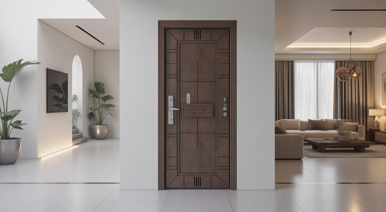 Photorealistic image of a modern Indian home interior featuring a high-quality armored safe room door as the centerpiece with clean neutral background.