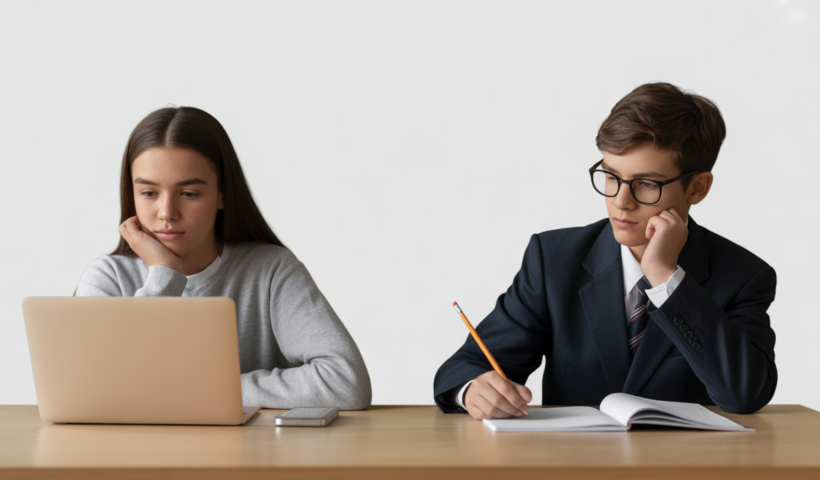 Student deciding between digital SAT and paper ACT college entrance exams