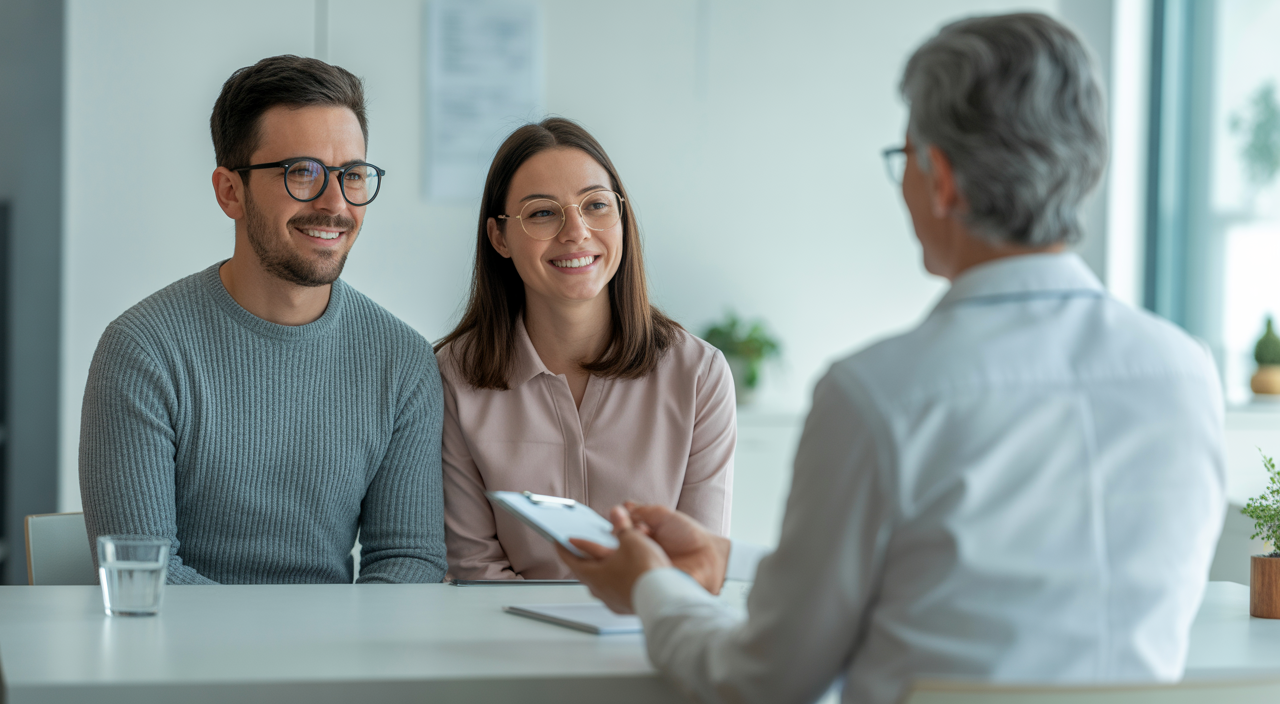 Photorealistic image of a hopeful couple having a consultation with a fertility specialist in a modern clinic setting