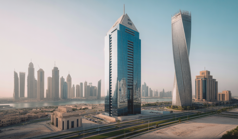 Modern commercial building in Dubai skyline representing facility management services and investment