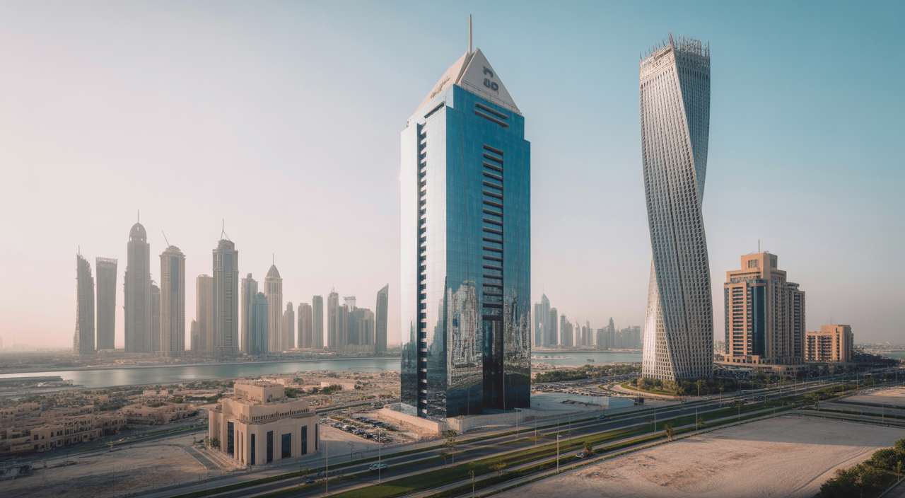 Modern commercial building in Dubai skyline representing facility management services and investment