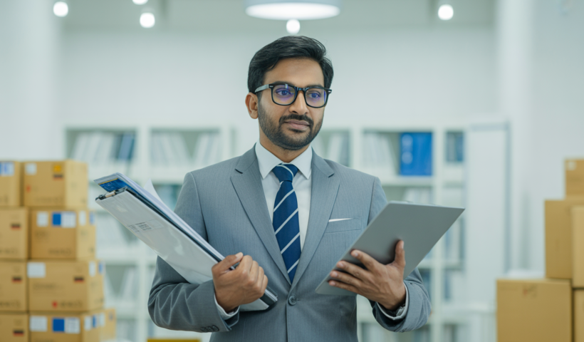 Indian importer/exporter business professional handling international trade documents in modern office environment with a clean white background