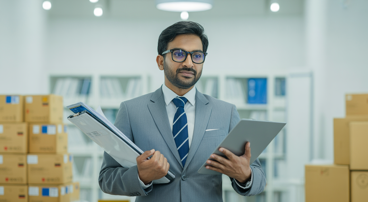 Indian importer/exporter business professional handling international trade documents in modern office environment with a clean white background