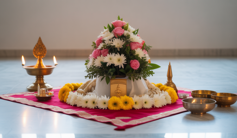 Serene professional photograph of traditional Hindu cremation ceremonial setup with flowers and diya lamp on a white background