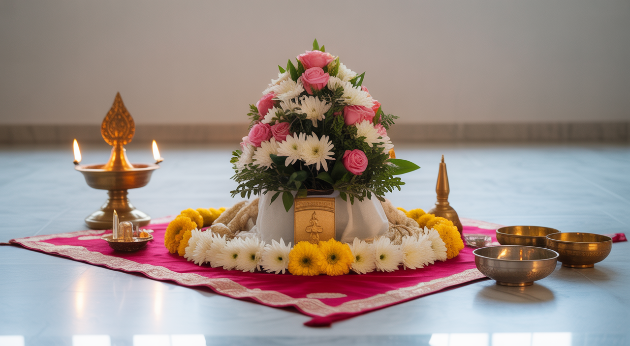 Serene professional photograph of traditional Hindu cremation ceremonial setup with flowers and diya lamp on a white background