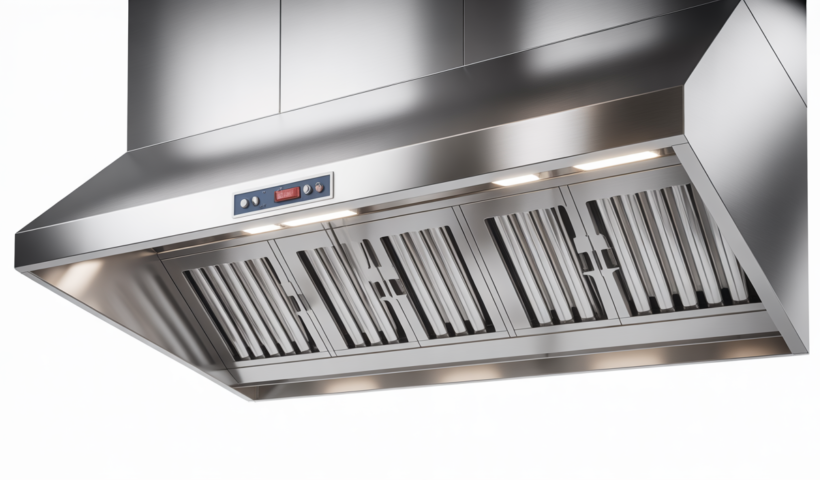 Photorealistic image of a clean, stainless steel commercial kitchen hood in a professional kitchen setting on a white background