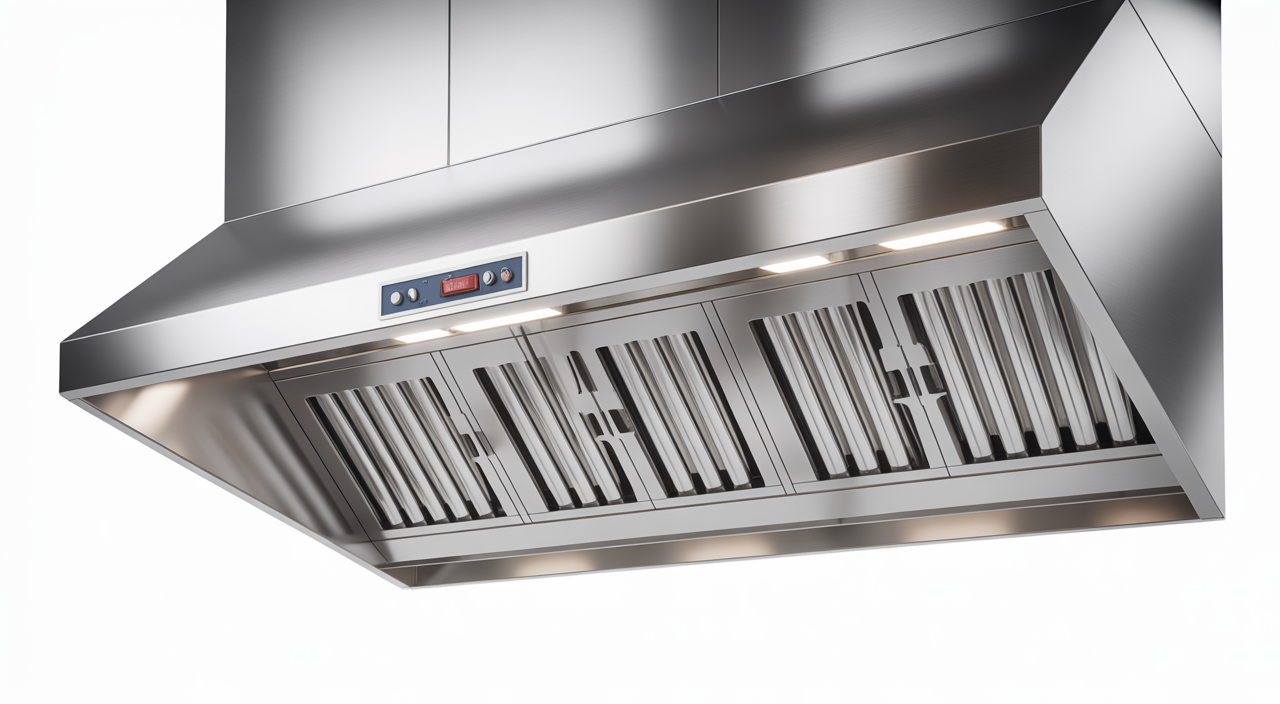 Photorealistic image of a clean, stainless steel commercial kitchen hood in a professional kitchen setting on a white background