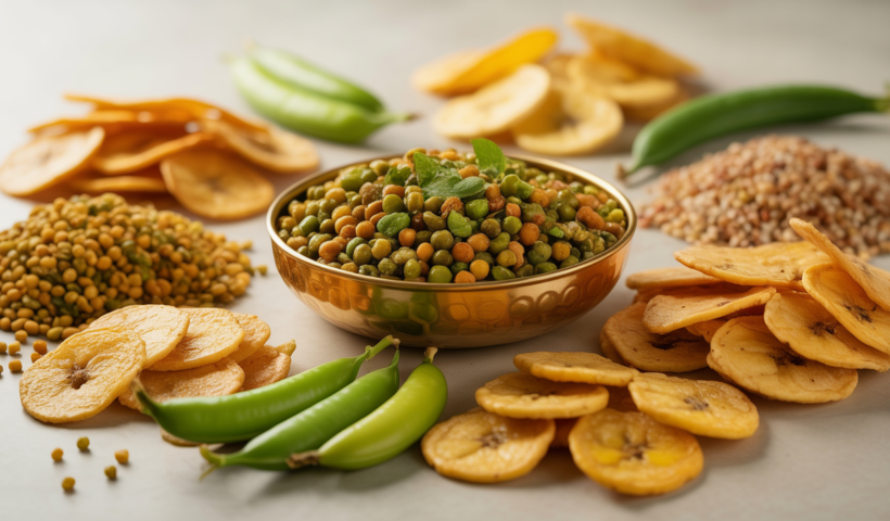 High-quality hero image of an assortment of 100% organic South Indian snacks on white background
