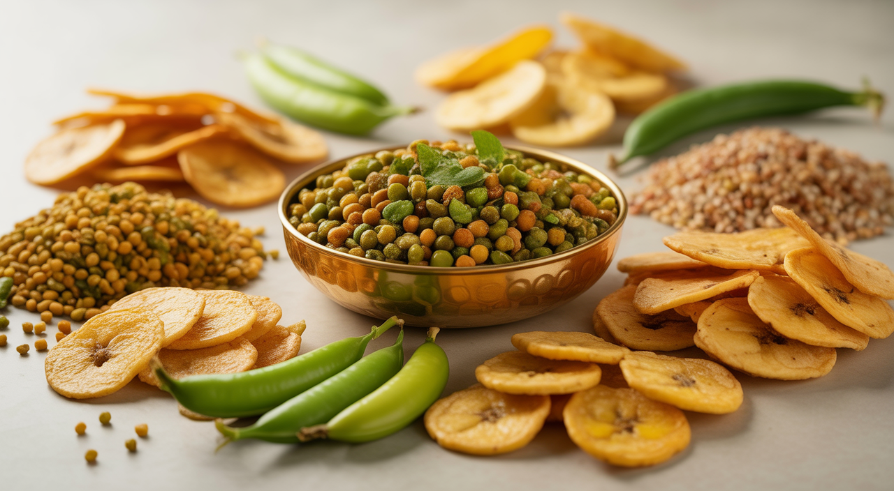 High-quality hero image of an assortment of 100% organic South Indian snacks on white background
