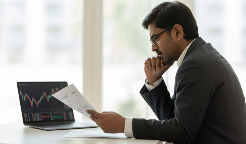 Indian investor reviewing financial documents and stock market data on laptop representing investing in unlisted shares in India