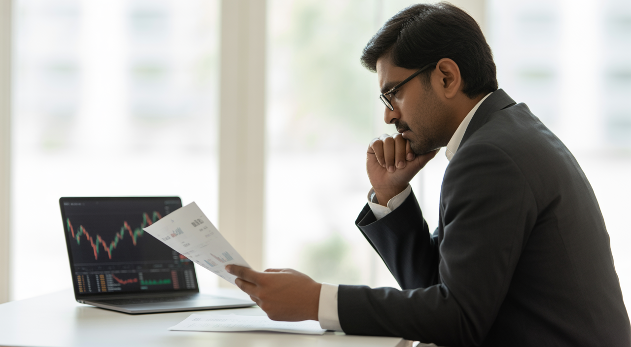 Indian investor reviewing financial documents and stock market data on laptop representing investing in unlisted shares in India