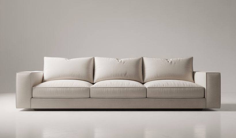 Freshly cleaned modern sofa in a bright living room with neutral white background, highlighting cleanliness and comfort