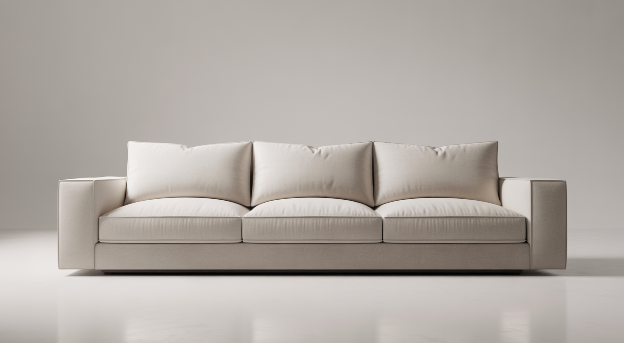 Freshly cleaned modern sofa in a bright living room with neutral white background, highlighting cleanliness and comfort