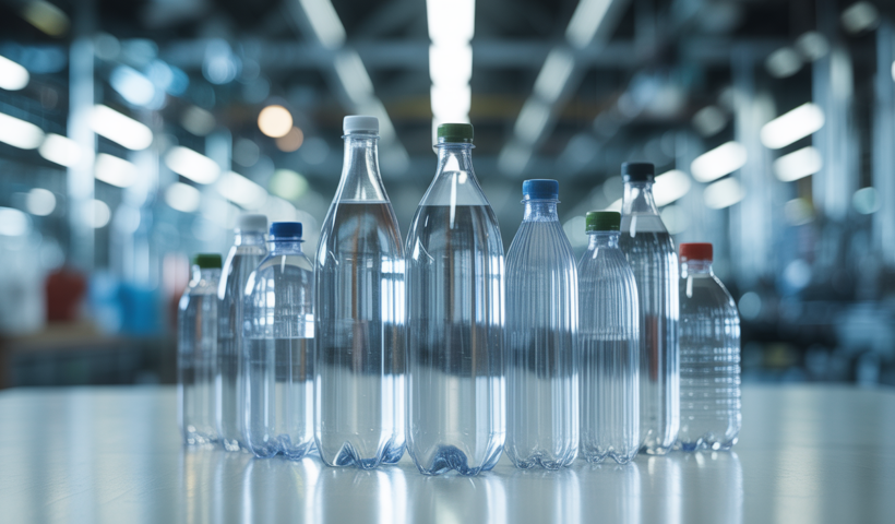 Assortment of modern, clear PET drink bottles on a white surface, representing quality beverage packaging manufacturing in Delhi.