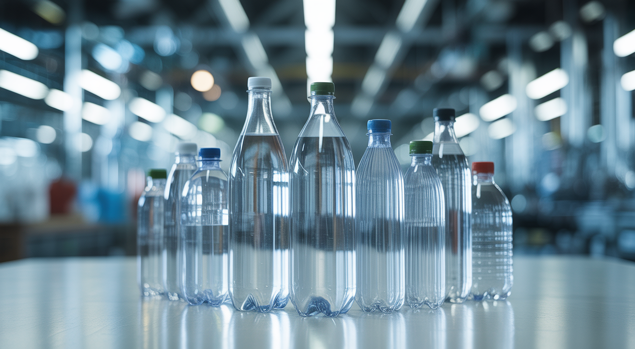 Assortment of modern, clear PET drink bottles on a white surface, representing quality beverage packaging manufacturing in Delhi.